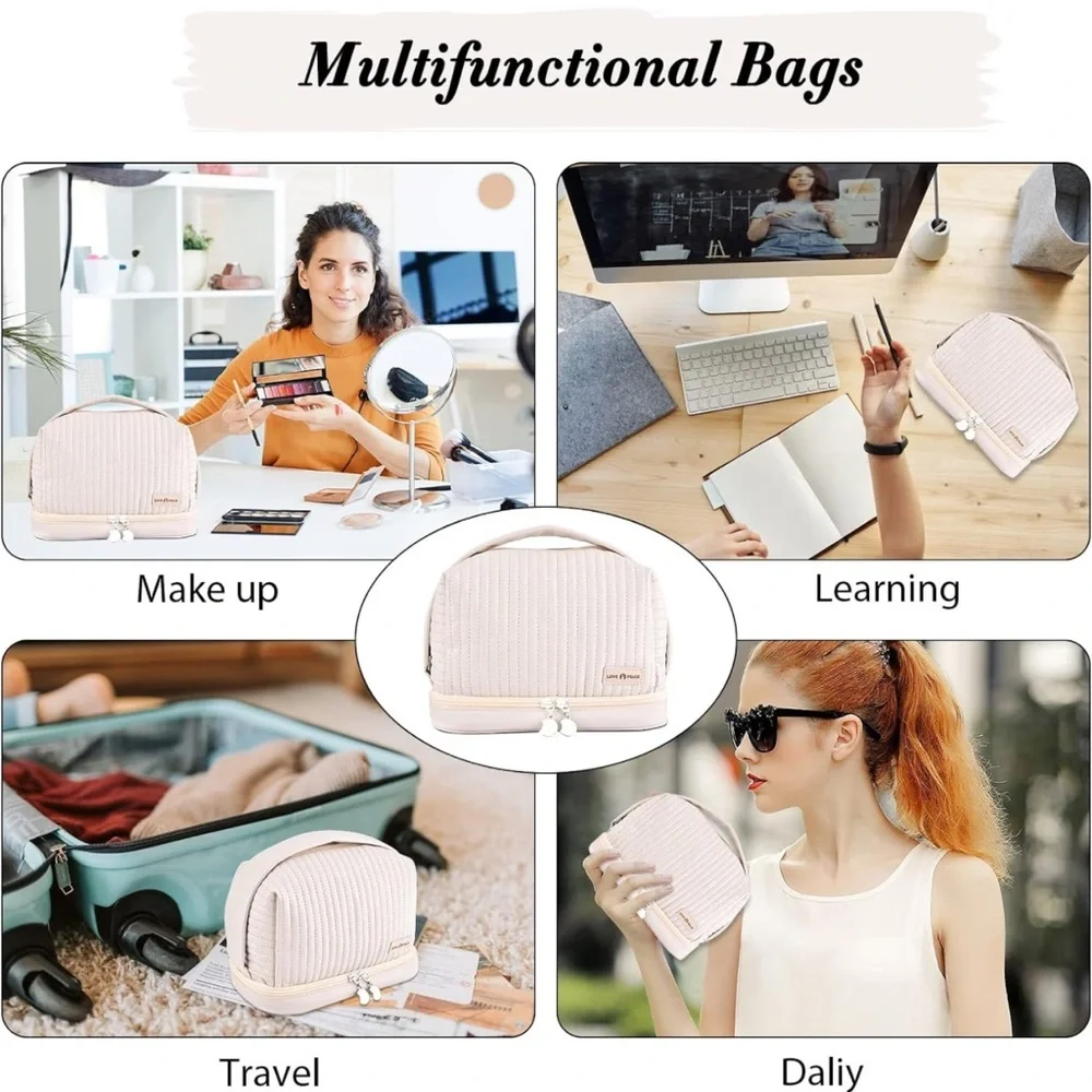 Large Makeup Bag Double Layer Cosmetic Travel Portable Leather Toiletry‎